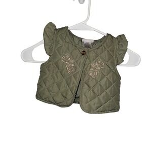 Daisy Fuentes Baby Girl Quilted Vest Olive Green Floral Embroidery Ruffle 12M